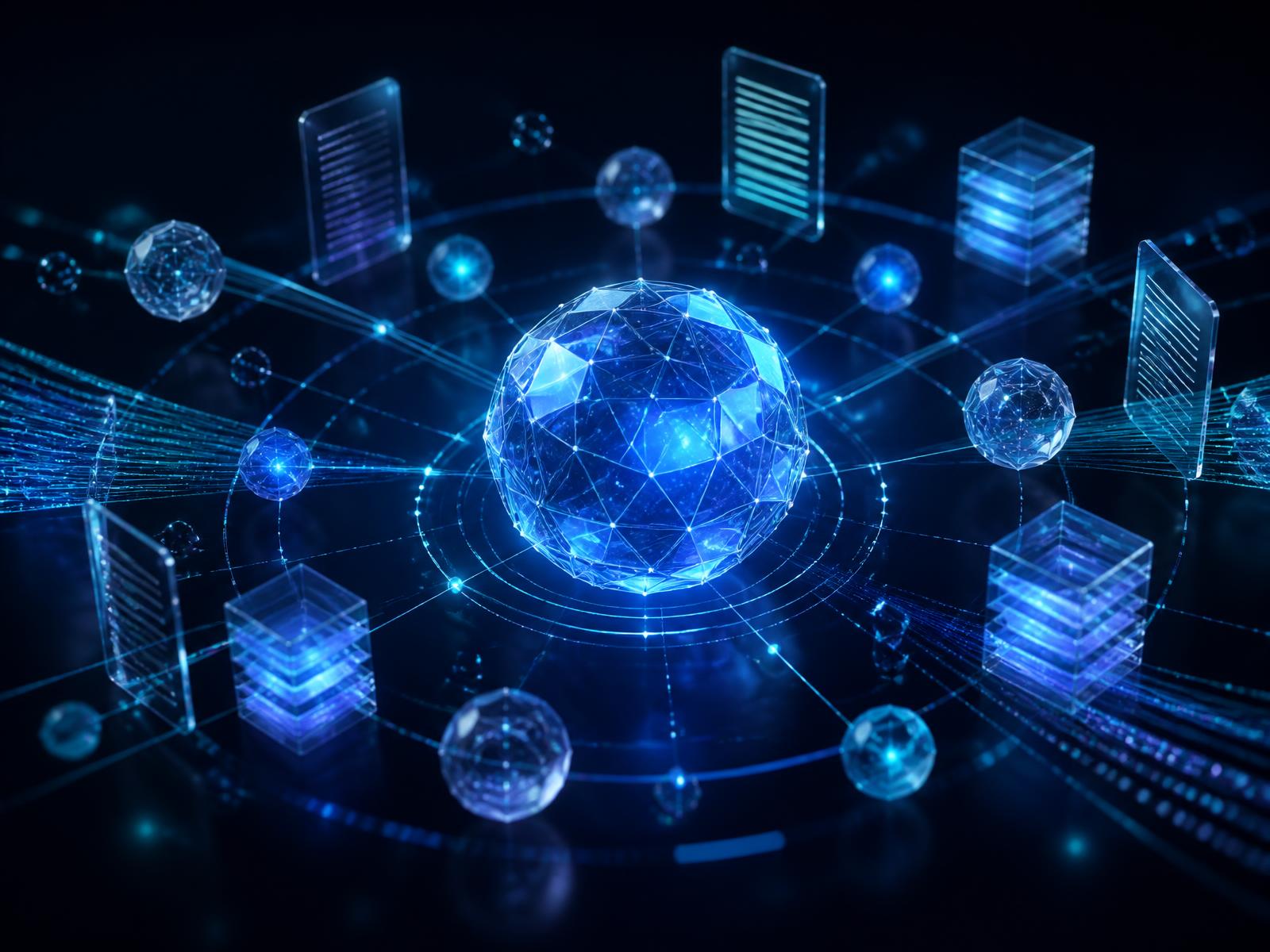Abstract AI intelligence engine surrounded by knowledge nodes, documents and data streams