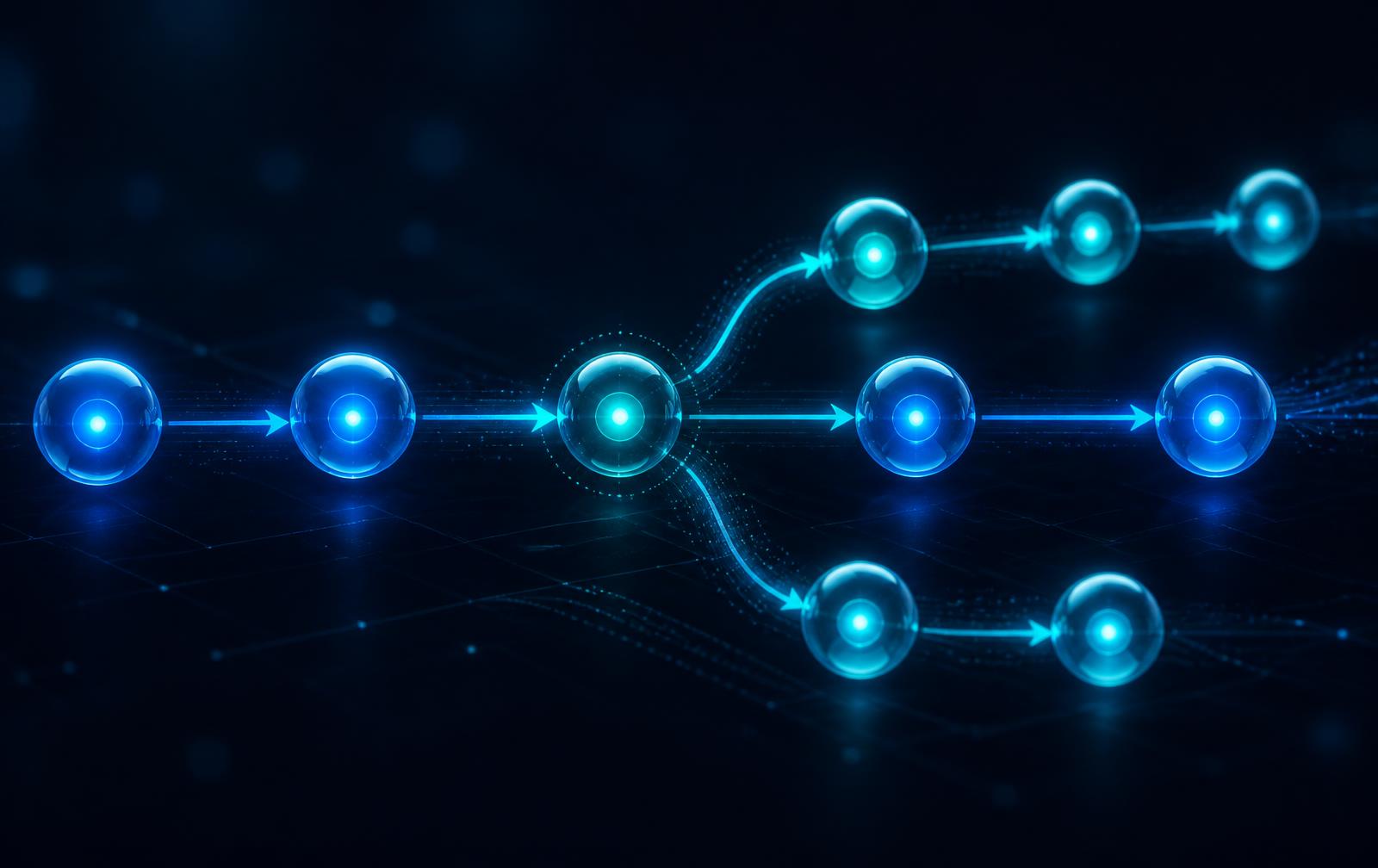 Automated workflow of connected nodes moving from request through AI decision to action