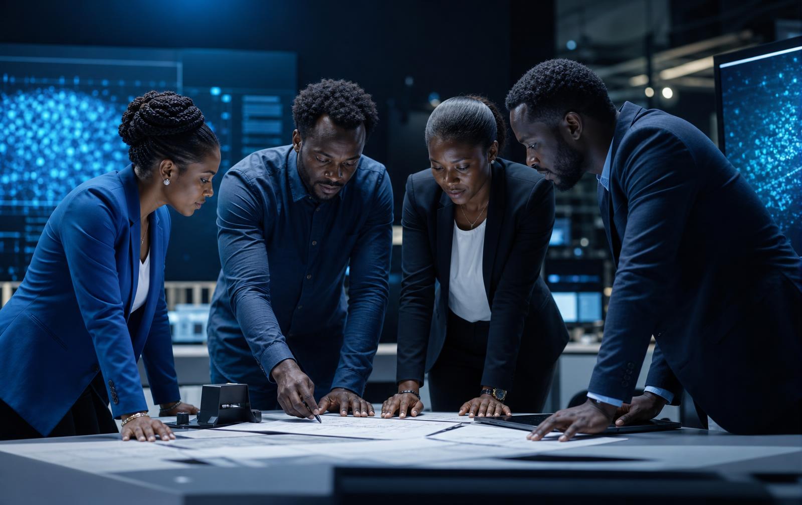A technology team of engineers and designers collaborating around system designs in a modern studio