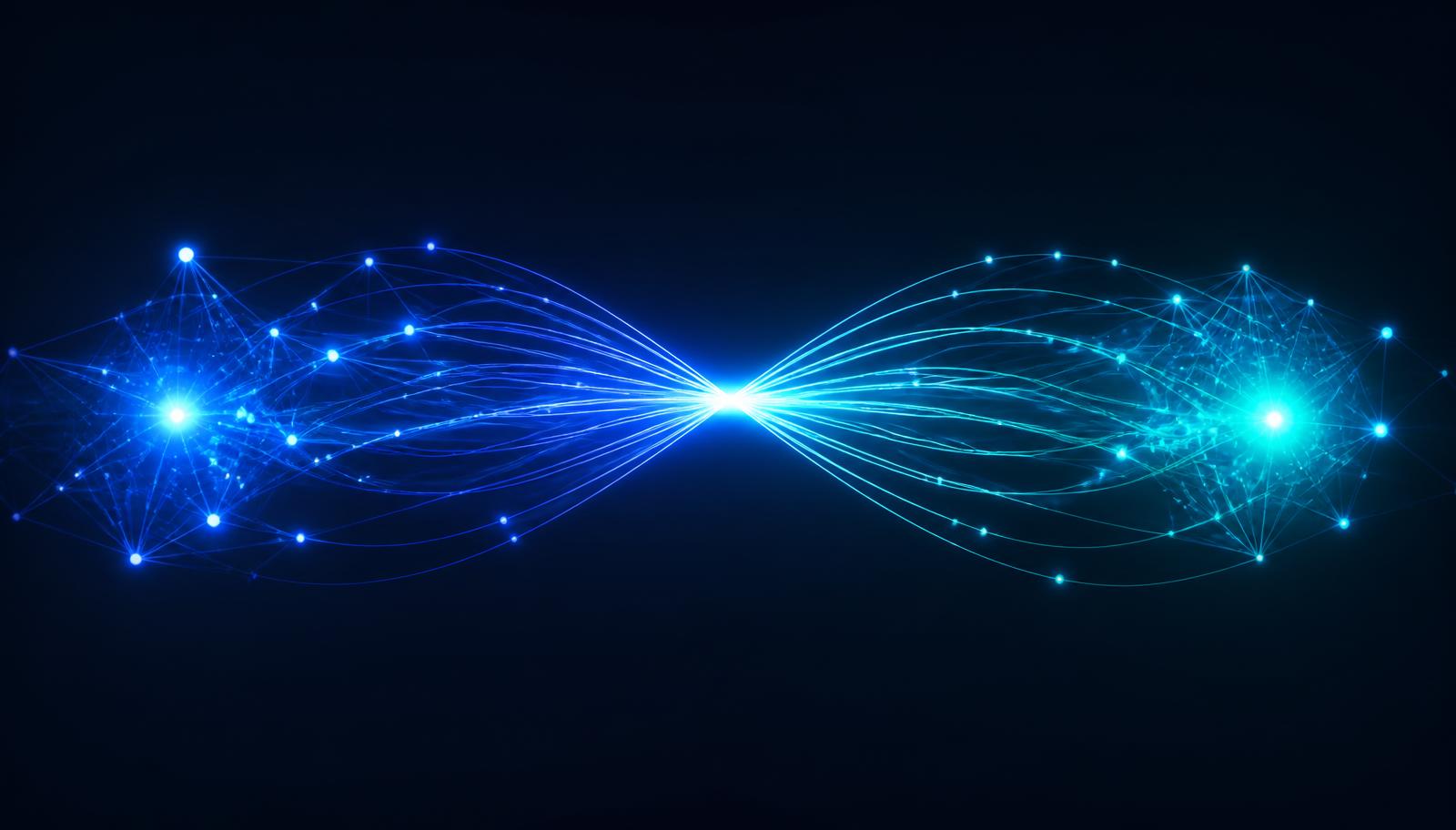 Two network clusters connected by luminous data pathways meeting in the centre