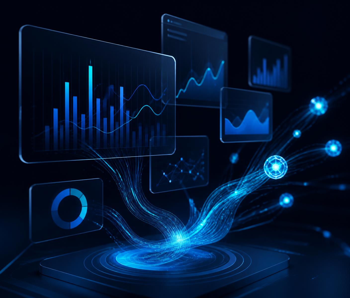Abstract analytics dashboards and data streams feeding intelligent insight nodes