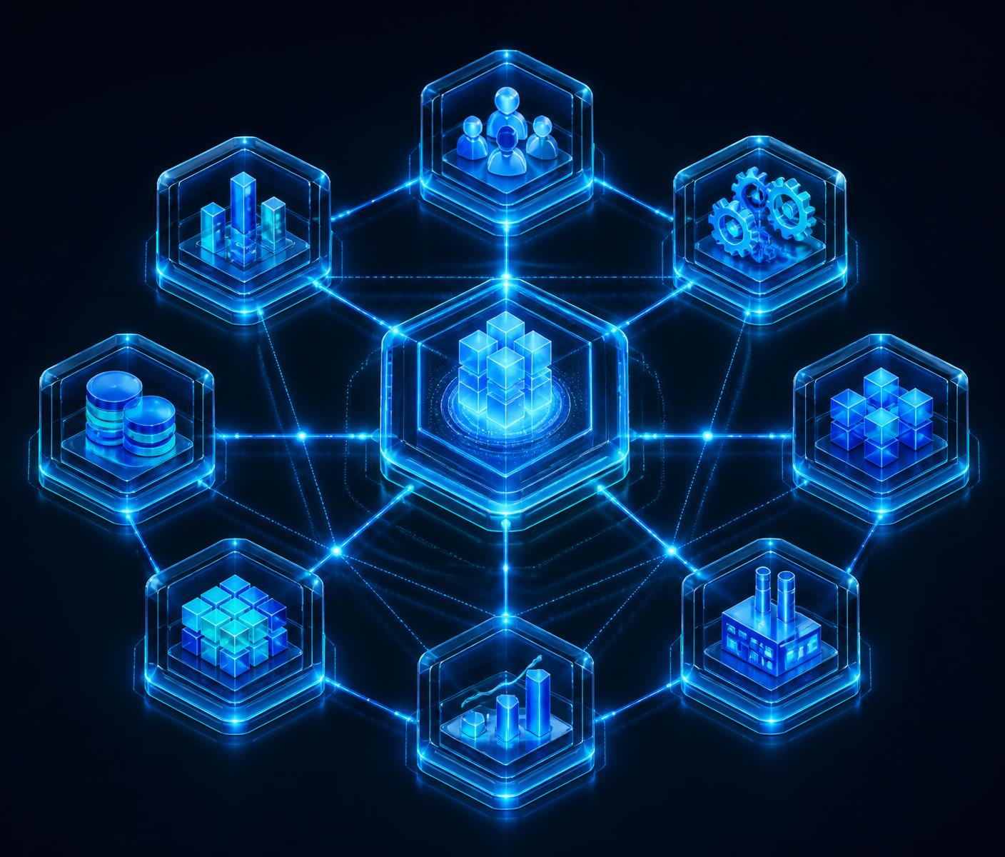 Interconnected enterprise modules for finance, HR, inventory, operations and analytics around a central hub