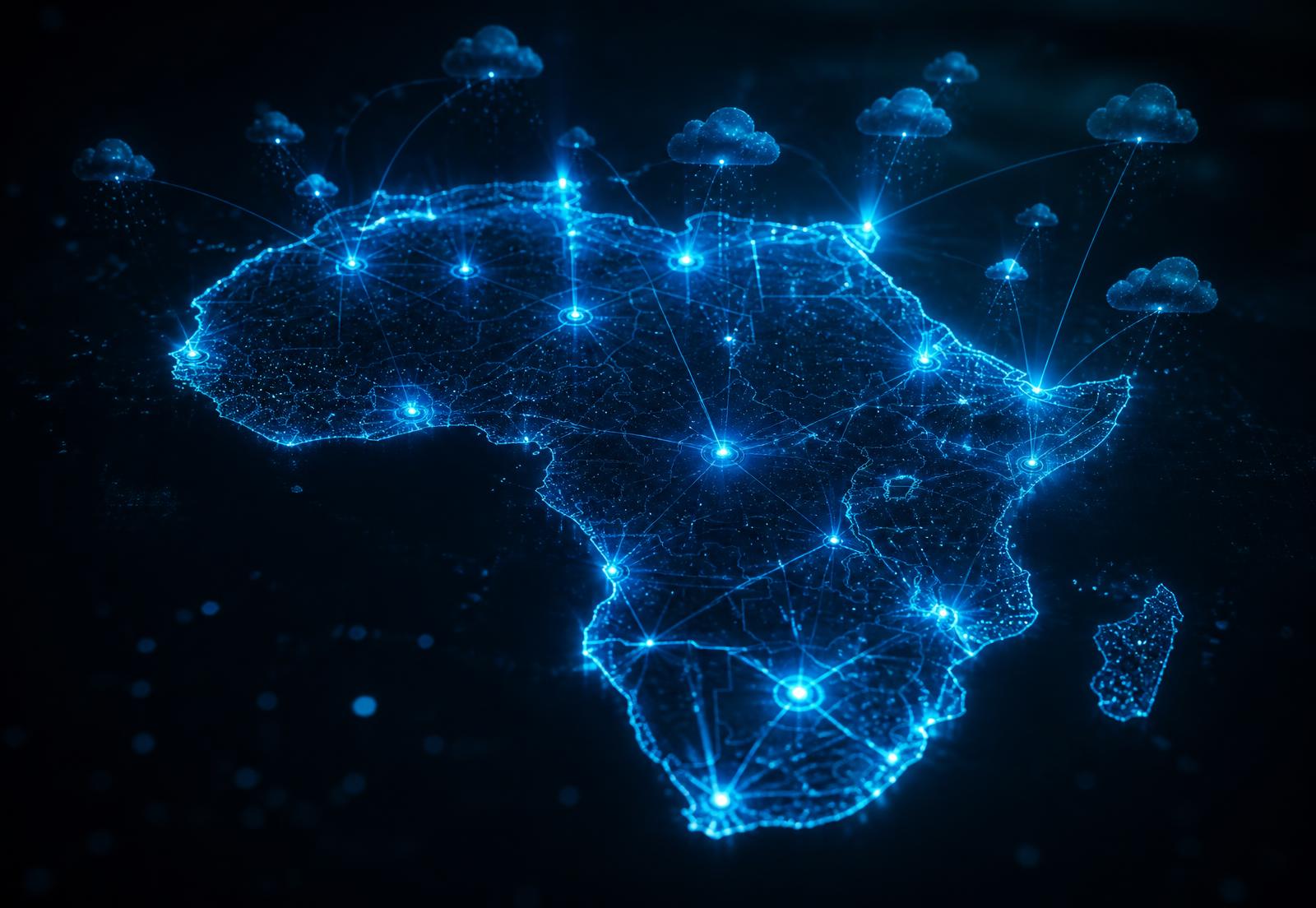 The African continent rendered as a luminous network of connected technology hubs and data pathways
