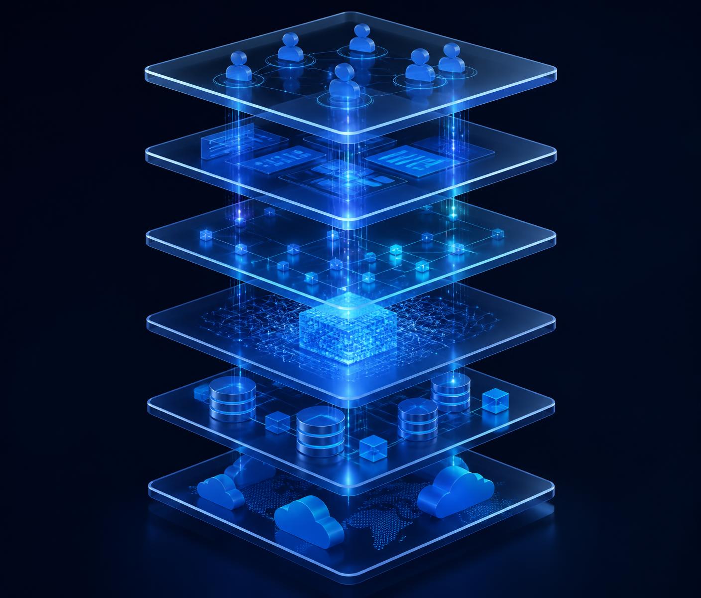 Layered system architecture diagram from user interface through API and AI engine to database and cloud