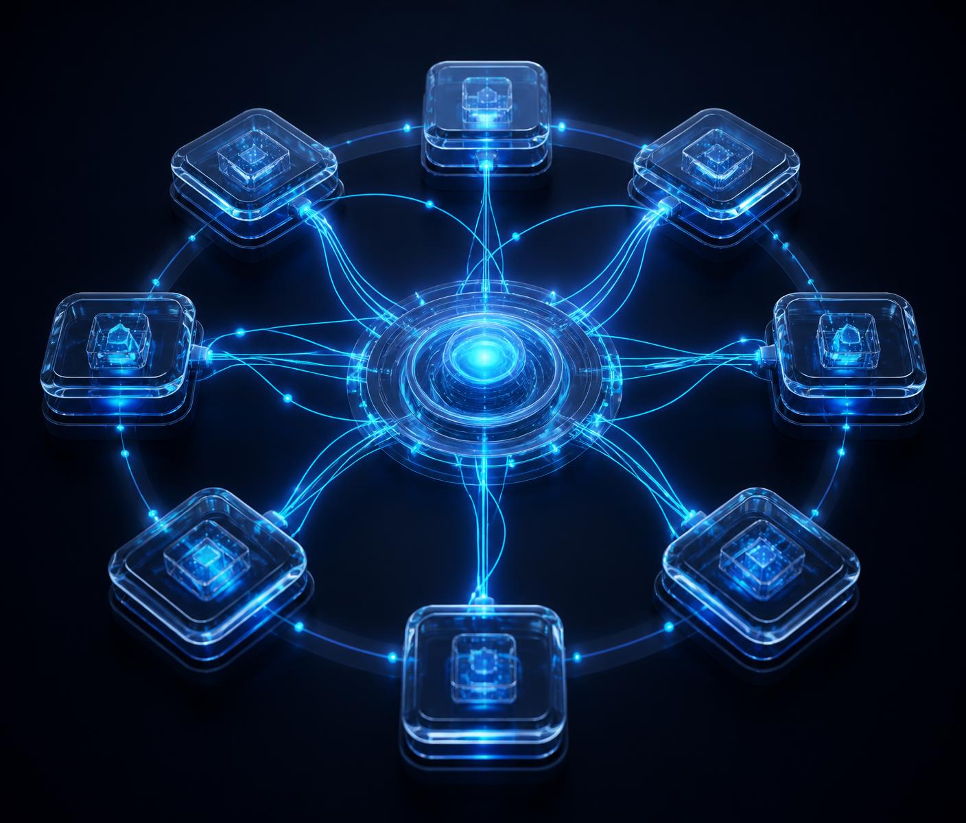 Business systems connected through a central integration and API layer